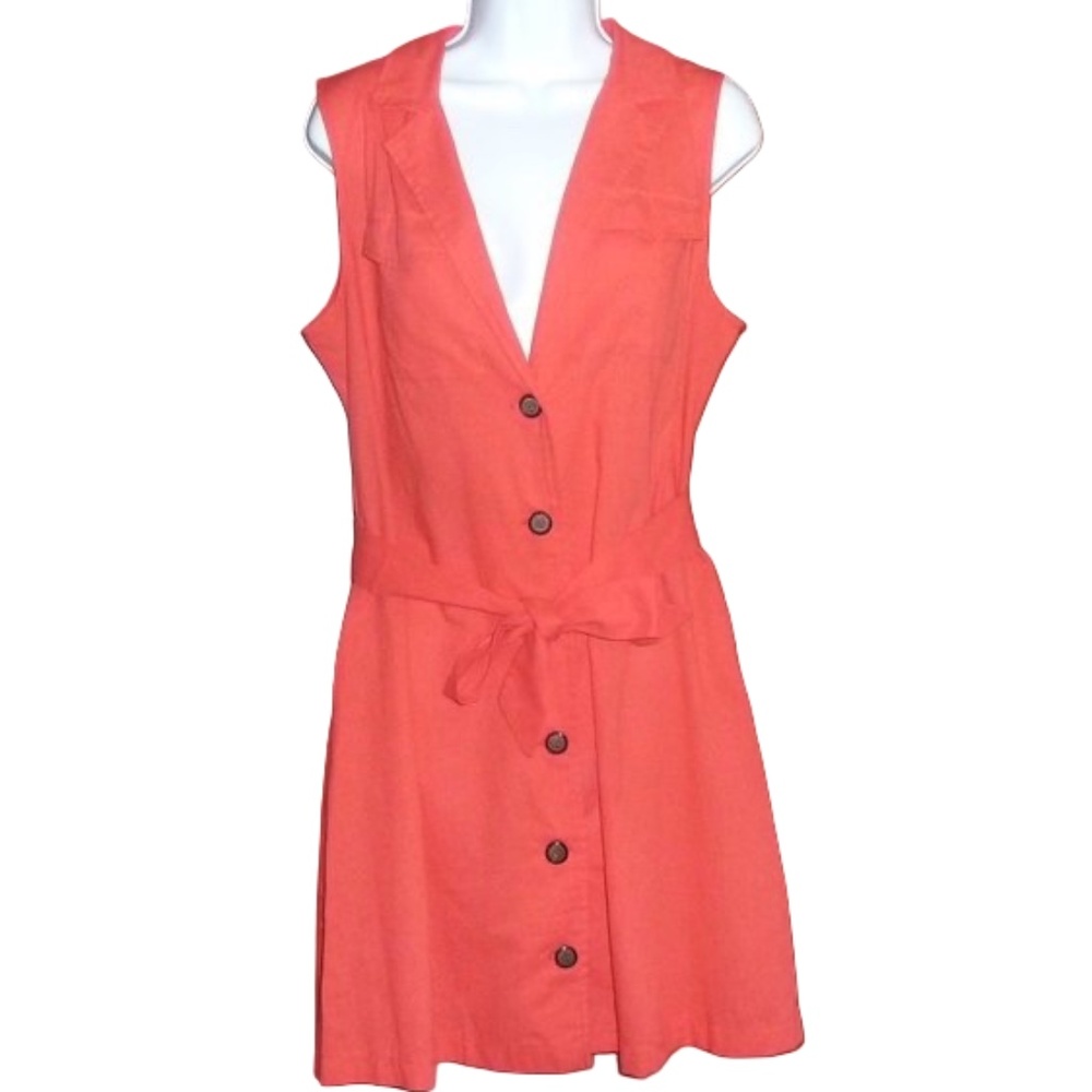 Coral Sleeveless Button Front Mini Dress Size L Tie Waist V-Neck, Collar, L